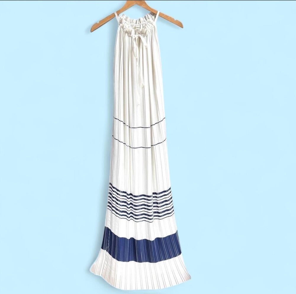 Max Studio White Pleated Halter Maxi Dress Navy Blue Horizontal Striped Small